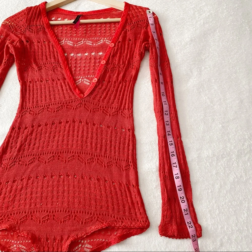 Red Crochet Henley Neckline Bodysuit